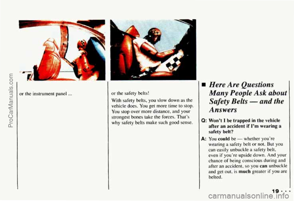 CHEVROLET CAMARO 1993  Owners Manual 1 
1 
or the instrument panel ... or the  safety  belts! 
With  safety  belts,  you 
slow down as the 
vehicle  does. You get  more 
time to stop. 
You stop over  more  distance,  and  your 
strongest