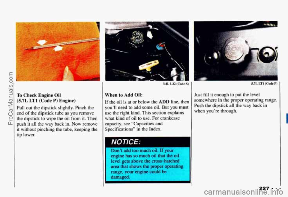 CHEVROLET CAMARO 1993  Owners Manual To Check Engine  Oil 
(5.7L LT1 (Code P) Engine) 
Pull out the dipstick  slightly. Pinch the 
end  of the  dipstick tube as  you remove 
the  dipstick to  wipe the oil  from  it. 
Then 
push it all th
