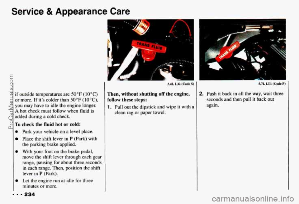 CHEVROLET CAMARO 1993  Owners Manual Service & Appearance Care 
if outside  temperatures  are 50°F (10°C) 
or more.  If its  colder  than 50°F (lO°C), 
you  may  have to idle the engine  longer. 
A hot  check  must  follow  when  fl