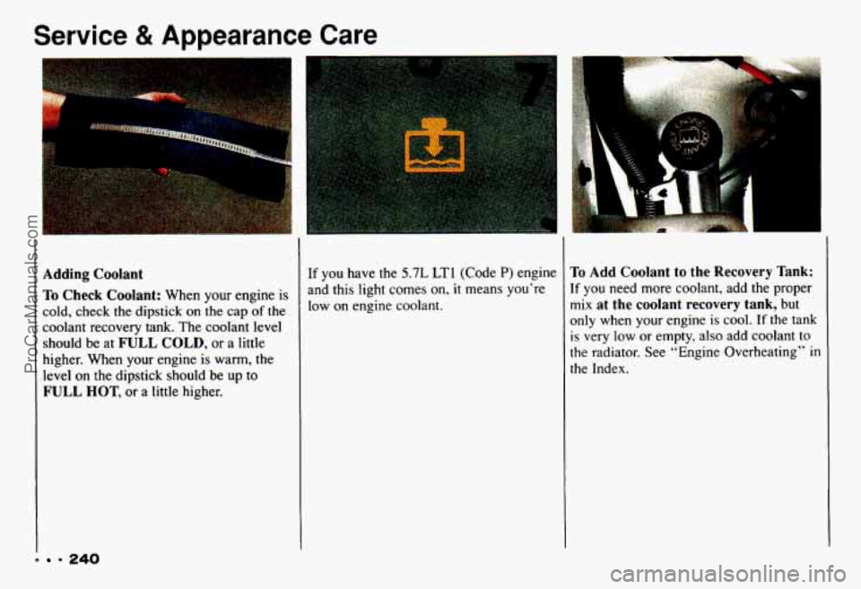 CHEVROLET CAMARO 1993  Owners Manual Service & Appearance Care 
1 
Adding  Coolant 
To Check Coolant: When  your engine is 
cold, check  the  dipstick  on the cap of the 
coolant recovery  tank. The coolant level 
should  be at 
FULL COL