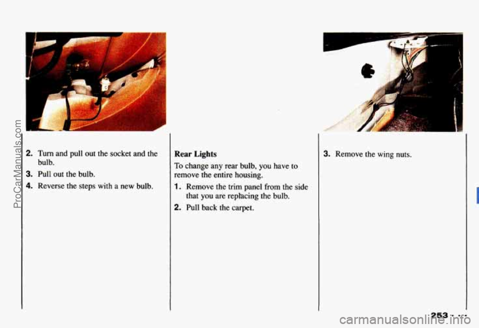 CHEVROLET CAMARO 1993  Owners Manual - *, 
2. Turn  and  pull  out  the  socket  and the 
bulb. 
3. Pull  out  the  bulb. 
4. Reverse  the  steps  with  a  new  bulb. 
Rear Lights 
To change any rear  bulb, you have  to 
remove  the  ent