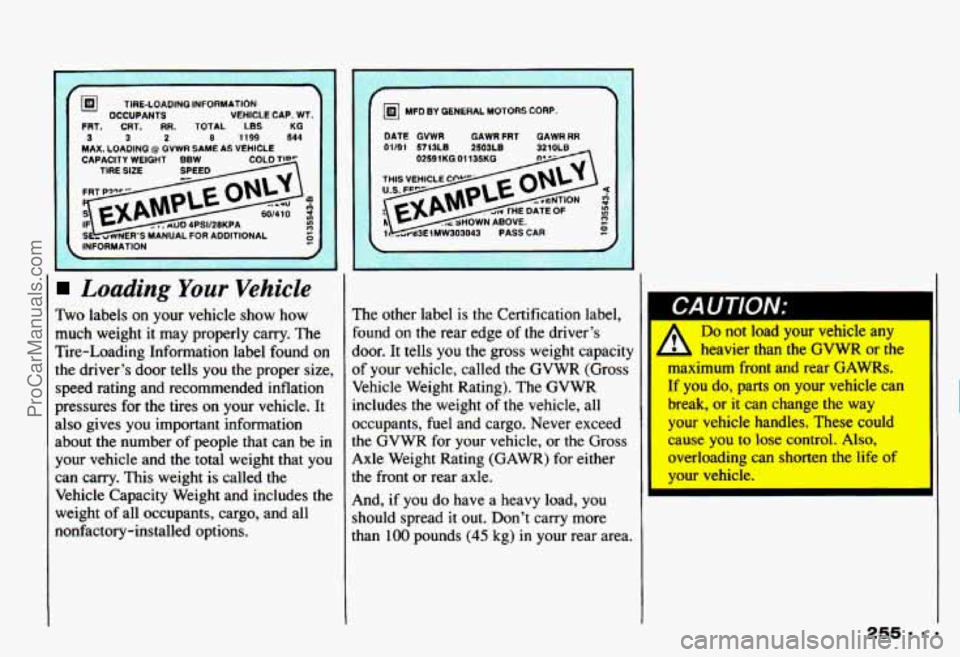 CHEVROLET CAMARO 1993  Owners Manual CAPACITY WEIGHT BBW TIRE SIZE 
INFORMATION 
Loading Your Vehicle 
Two labels  on your vehicle  show  how 
much  weight  it may  properly  carry.  The 
Tire-Loading  Information  label  found  on 
the 