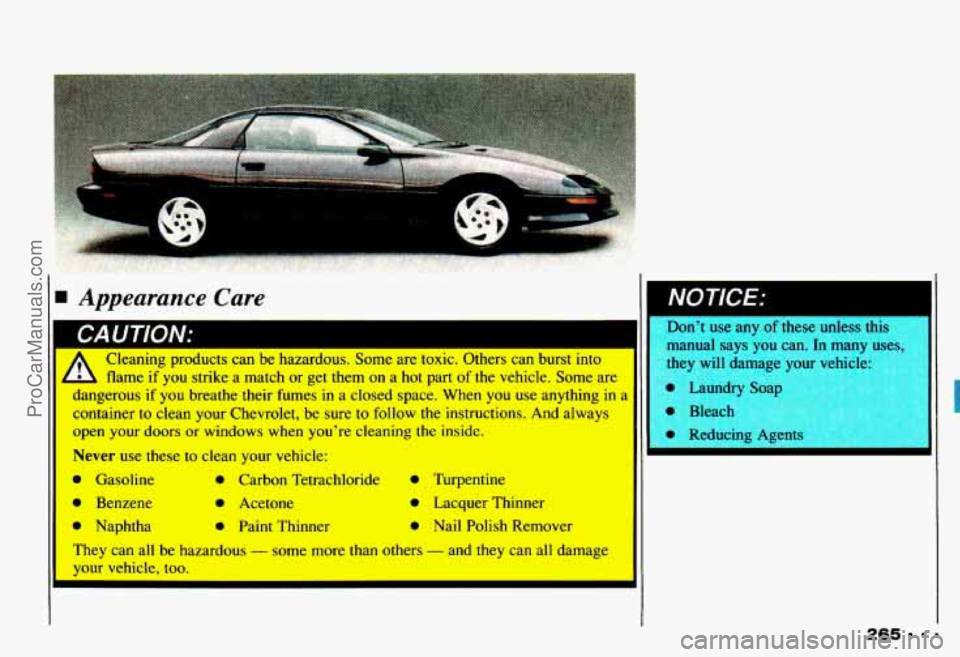 CHEVROLET CAMARO 1993  Owners Manual A r!eaning products can be hazardous. Some are toxic. mers can burst into 
-  me if you strike a match or get them on a hot part of the vehicle. Some a= 
d zerous if you breathe their fumes in a close