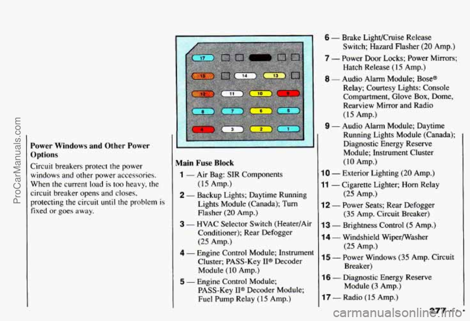 CHEVROLET CAMARO 1993  Owners Manual Power  Windows  and  Other  Power 
Options 
Circuit breakers  protect the power 
windows  and other power  accessories. 
When the current  load  is 
too heavy, the 
circuit  breaker  opens and  closes