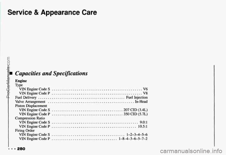 CHEVROLET CAMARO 1993  Owners Manual I Service & Appearance Care 
I 
. = 280 
I Capacities and Specifications 
Engine 
Type 
VINEnnineCodeS ............................................... V6 1 
VINEngineCodeP ............................