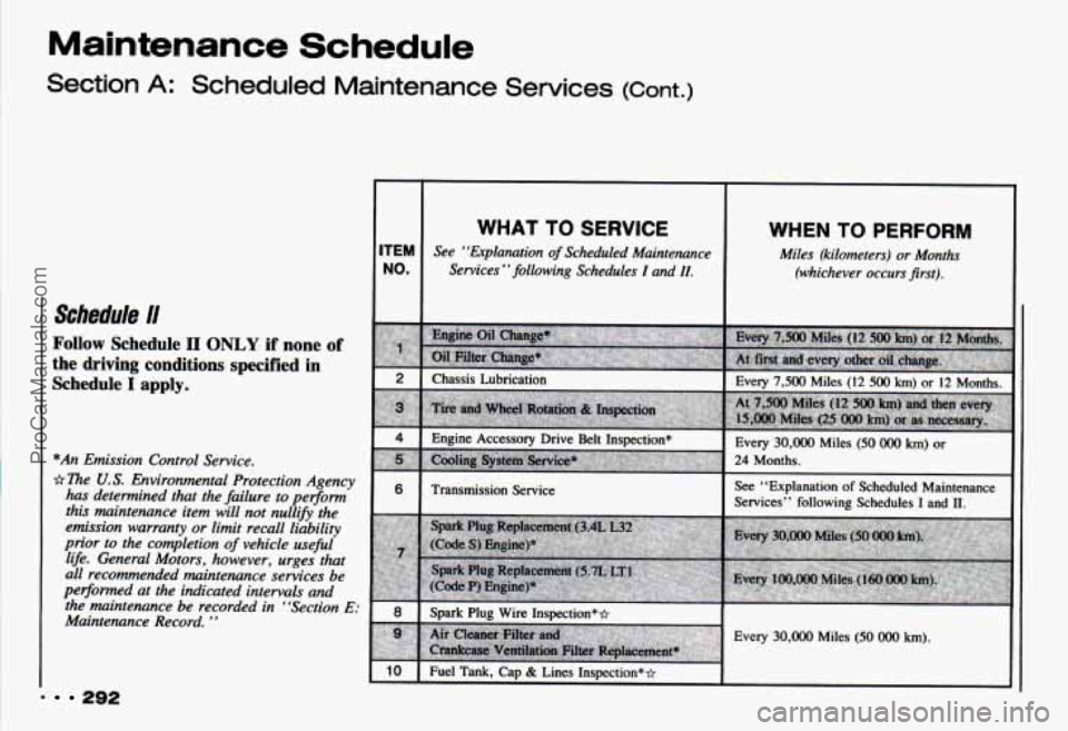 CHEVROLET CAMARO 1993  Owners Manual Maintenance  Schedule 
Section A: Scheduled  Maintenance  Services (Cont.) 
Schedule I1 
Follow Schedule II ONLY if none of 
the  driving  conditions  specified in 
Schedule I apply. 
*An Emission  Co