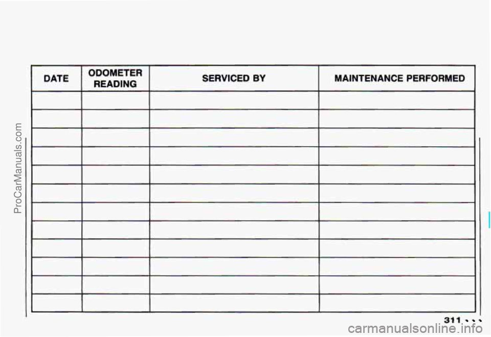 CHEVROLET CAMARO 1993  Owners Manual DATE I ODOMETER I 
READING SERVICED BY I MAINTENANCE  PERFORMED 
311 
ProCarManuals.com 