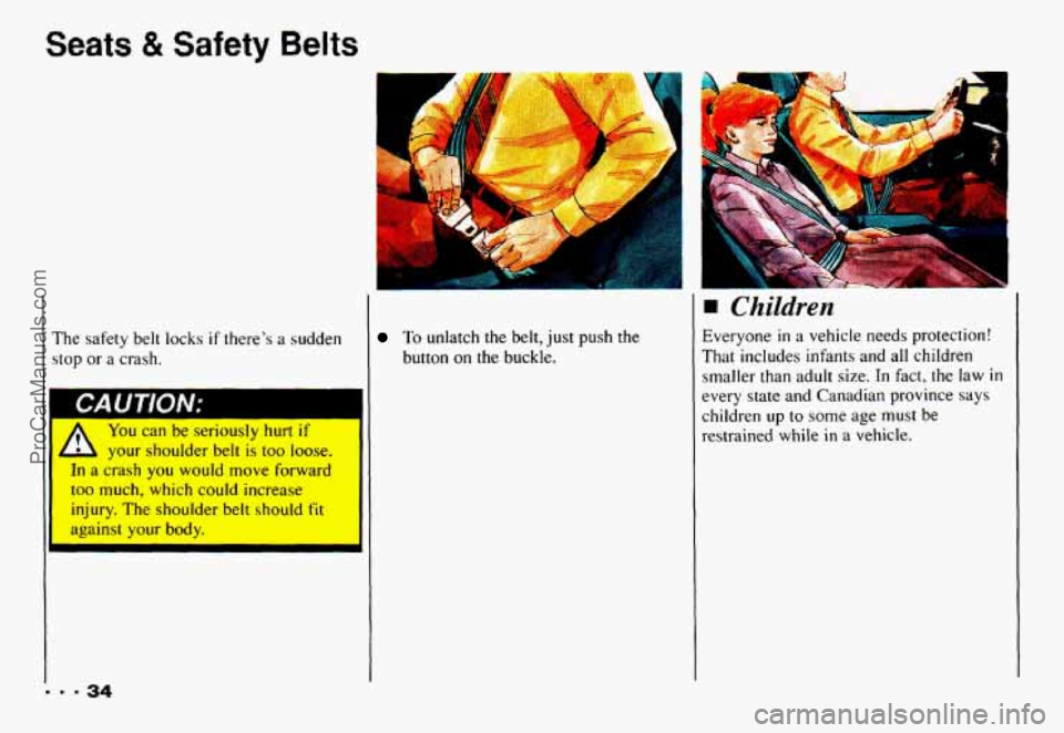 CHEVROLET CAMARO 1993  Owners Manual Seats & Safety Belts 
r 
The safety  belt  locks if theres  a sudden 
stop or a crash. 
You  can  be  seriously 
hurt if 
1 4 your  shoulder belt is too loose. 
I In a crash you would move forward 
3
