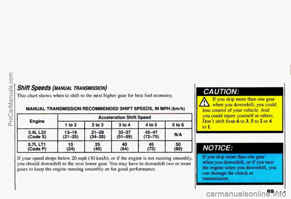 CHEVROLET CAMARO 1993  Owners Manual shift speeds (MANUAL  TRANSMISSION) 
This chart shows when  to  shift  to  the  next  higher gear for  best  fuel  economy. , If you skip  more  than  one gear I 
-‘L when  youdownshift,  you  could