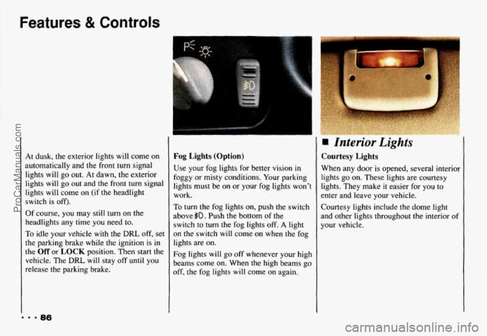 CHEVROLET CAMARO 1993  Owners Manual Features & Controls 
At dusk,  the exterior  lights  will  come on 
automatically  and  the  front  turn  signal 
lights  will  go  out. 
At dawn,  the exterior 
lights  will 
go out  and  the  front 
