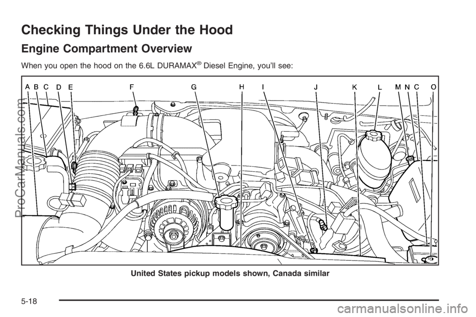 CHEVROLET DURAMAX 2006  Owners Manual Checking Things Under the Hood
Engine Compartment Overview
When you open the hood on the 6.6L DURAMAX®Diesel Engine, you’ll see:
United States pickup models shown, Canada similar
5-18
ProCarManuals