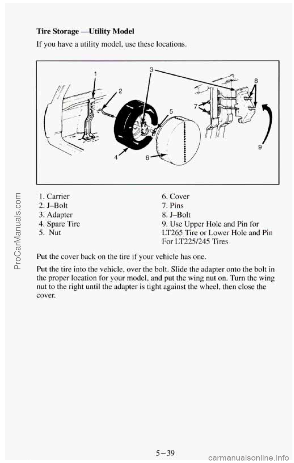 CHEVROLET SUBURBAN 1994  Owners Manual Tire  Storage  -Utility  Model 
If you  have a utility  model,  use these locations. 
1.  Carrier 
3. Adapter 
4. Spare  Tire 
5. Nut 
2.  J-Bolt 
6. Cover 
7. Pins 
9. Use  Upper 
Hole and  Pin  for 