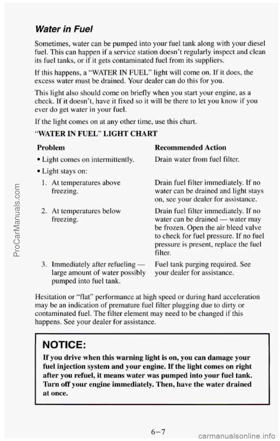CHEVROLET SUBURBAN 1994  Owners Manual Water in Fuel 
Sometimes, water can be  pumped into your fuel  tank along with your diesel 
fuel. This  can  happen if a service  station doesn’t regularly inspect  and clean 
its fuel tanks,  or if