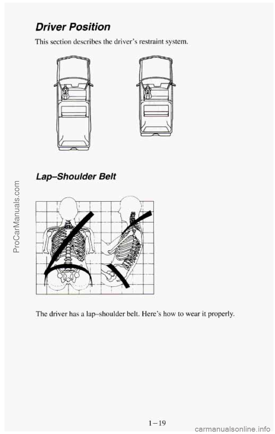 CHEVROLET SUBURBAN 1994  Owners Manual Driver Position 
This section describes the driver’s restraint system. 
Lap-Shoulder Belt 
The driver  has a lap-shoulder  belt.  Here’s how to wear it properly. 
1-19 
ProCarManuals.com 
