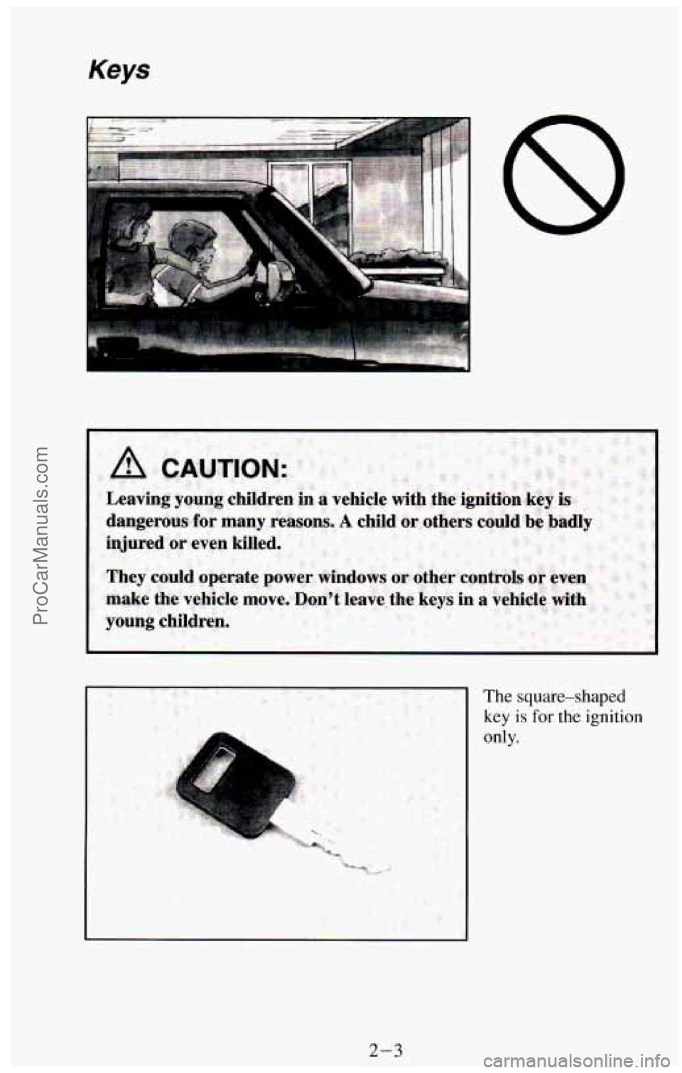 CHEVROLET SUBURBAN 1994  Owners Manual Keys 
i 
- The square-shaped 
key is for the ignition 
only. 
2-3 
ProCarManuals.com 