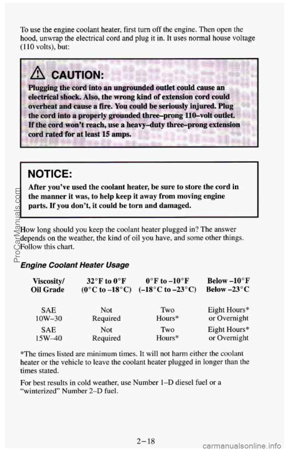 CHEVROLET SUBURBAN 1994 Owners Manual To use the engine coolant heater, first turn off the engine. Then open the
hood, unwrap the electrical cord and plug it in. It uses normal house voltage
(1 10 volts), but:
NOTICE:
After y CHEVROLET SUBURBAN 1994 Owners Manual To use the engine coolant heater, first turn off the engine. Then open the
hood, unwrap the electrical cord and plug it in. It uses normal house voltage
(1 10 volts), but:
NOTICE:
After y