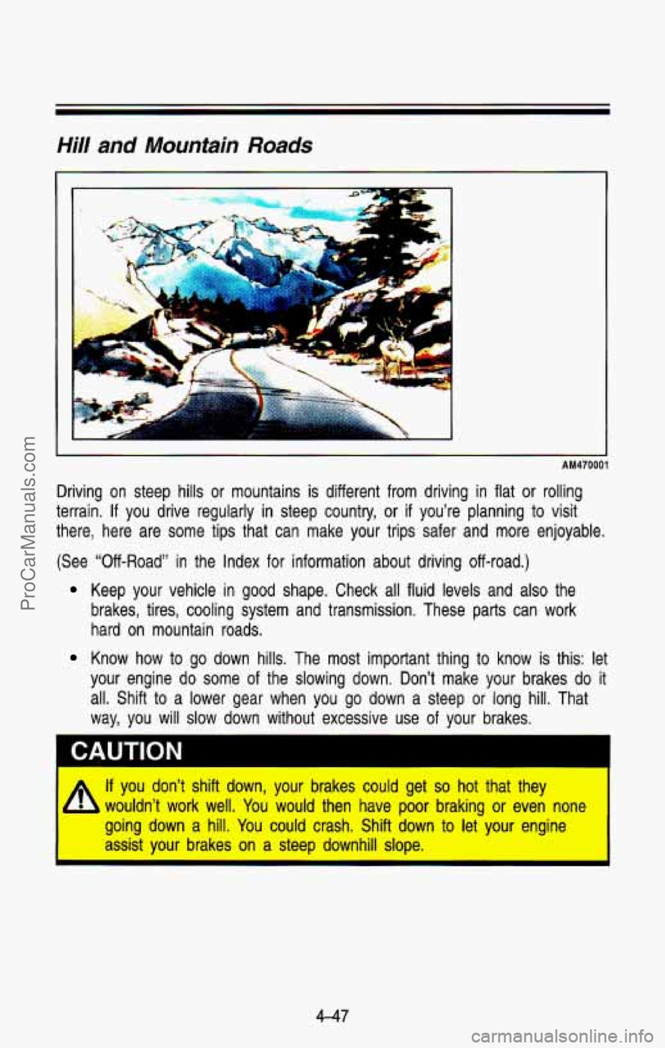 CHEVROLET SUBURBAN 1993 Owners Manual Hill and Mountain Roads
:.-. . , , . .;. . . . . . - ,. ..
AM470001
Driving on steep hills or mountains is different from driving in flat or rolling
terrain.
If you drive regularly i CHEVROLET SUBURBAN 1993 Owners Manual Hill and Mountain Roads
:.-. . , , . .;. . . . . . - ,. ..
AM470001
Driving on steep hills or mountains is different from driving in flat or rolling
terrain.
If you drive regularly i