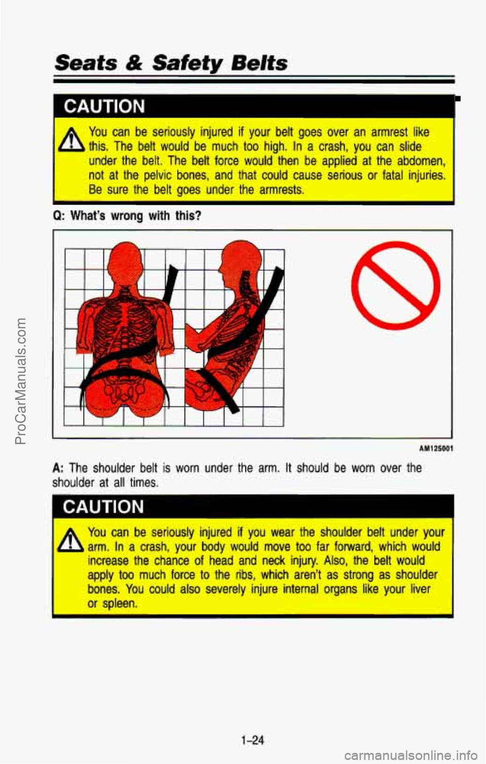 CHEVROLET SUBURBAN 1993  Owners Manual CAUTION 
A 
You can  be  seriously  injured if your  belt  goes  over  an  armrest  like 
this.  The  belt  would  be  much 
too high.  In a  crash,  you  can  slide 
under  the  belt.  The  belt  for