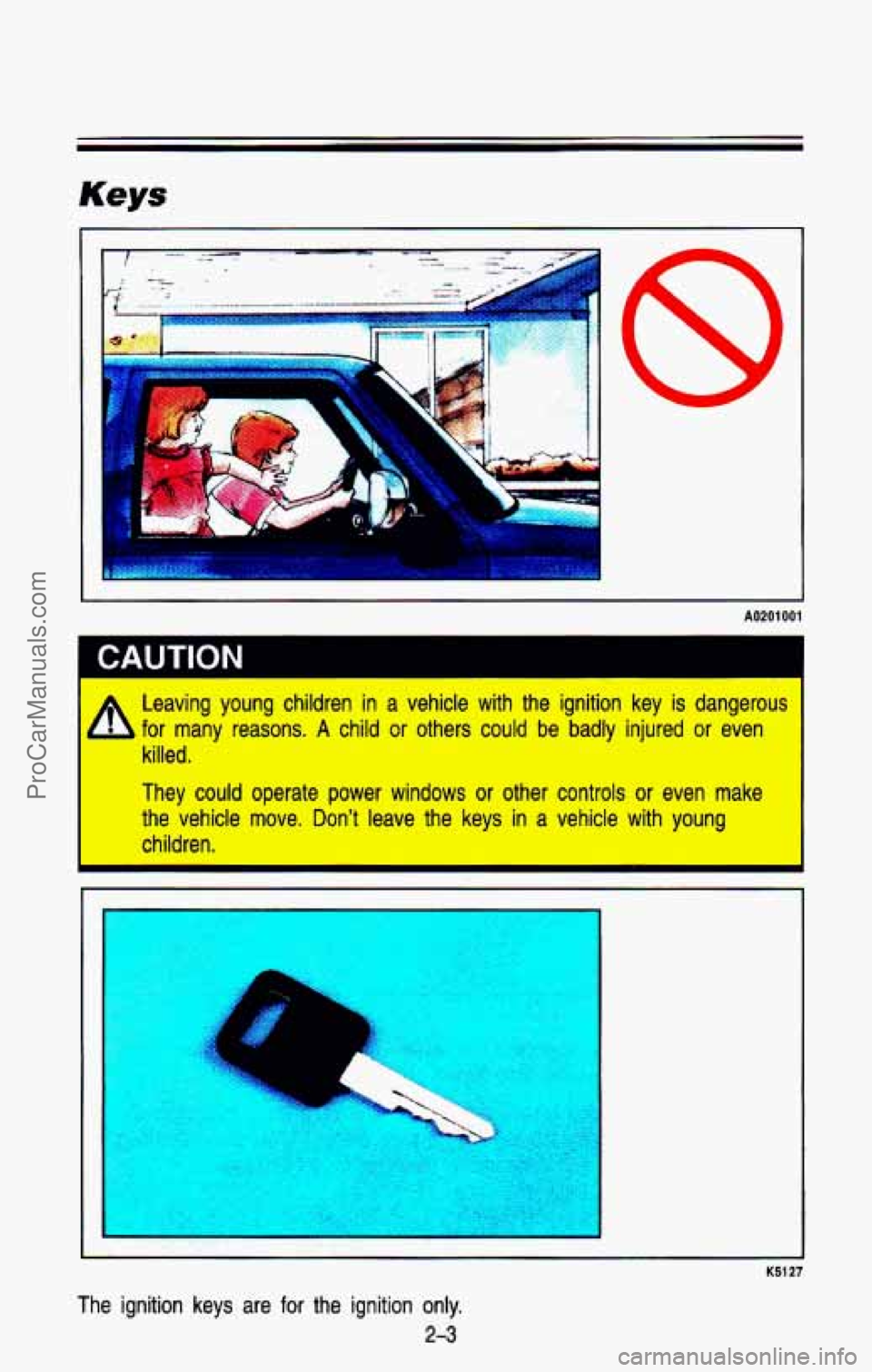 CHEVROLET SUBURBAN 1993  Owners Manual A0201 001 
~ CAUTION 
fi Leaving  young  children in a  vehicle  with  the  ignition  key  is dangerous 
b for  many  reasons. A child  or others  could  be  badly  injured  or  even 
killed. 
They  c