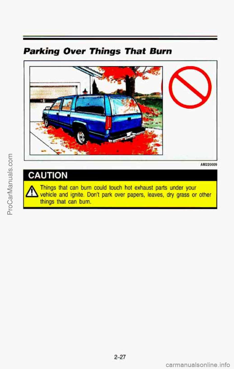 CHEVROLET SUBURBAN 1993  Owners Manual Parking Over Things That Burn 
.. ..- L. . 8 
AM220009 
* Things  that  can  burn  could  touch  hot  exhaust  parts  under your 
4 vehicle  and  ignite.  Dont  park  over  papers,  leaves,  dry  g
