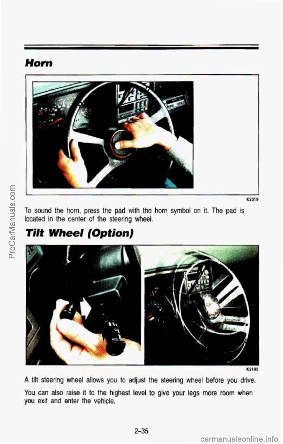 CHEVROLET SUBURBAN 1993  Owners Manual K2319 
To sound  the  horn,  press  the  pad  with  the  horn  symbol  on  it.  Th\
e  pad  is 
located  in the  center 
of the  steering  wheel. 
Tilt  Wheel (Option) 
K2185 
A tilt  steering  wheel 