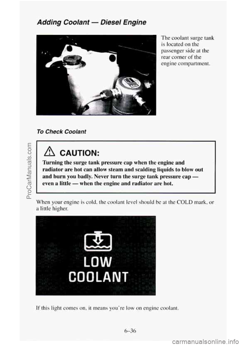 CHEVROLET SUBURBAN 1995  Owners Manual Adding  Coolant - Diesel  Engine 
x " The coolant surge tank is  located  on 
the 
passenger  side at the 
rear corner of the 
engine compartment. 
To Check Coolant 
A CAUTION: 
lbrning  the  surge  t