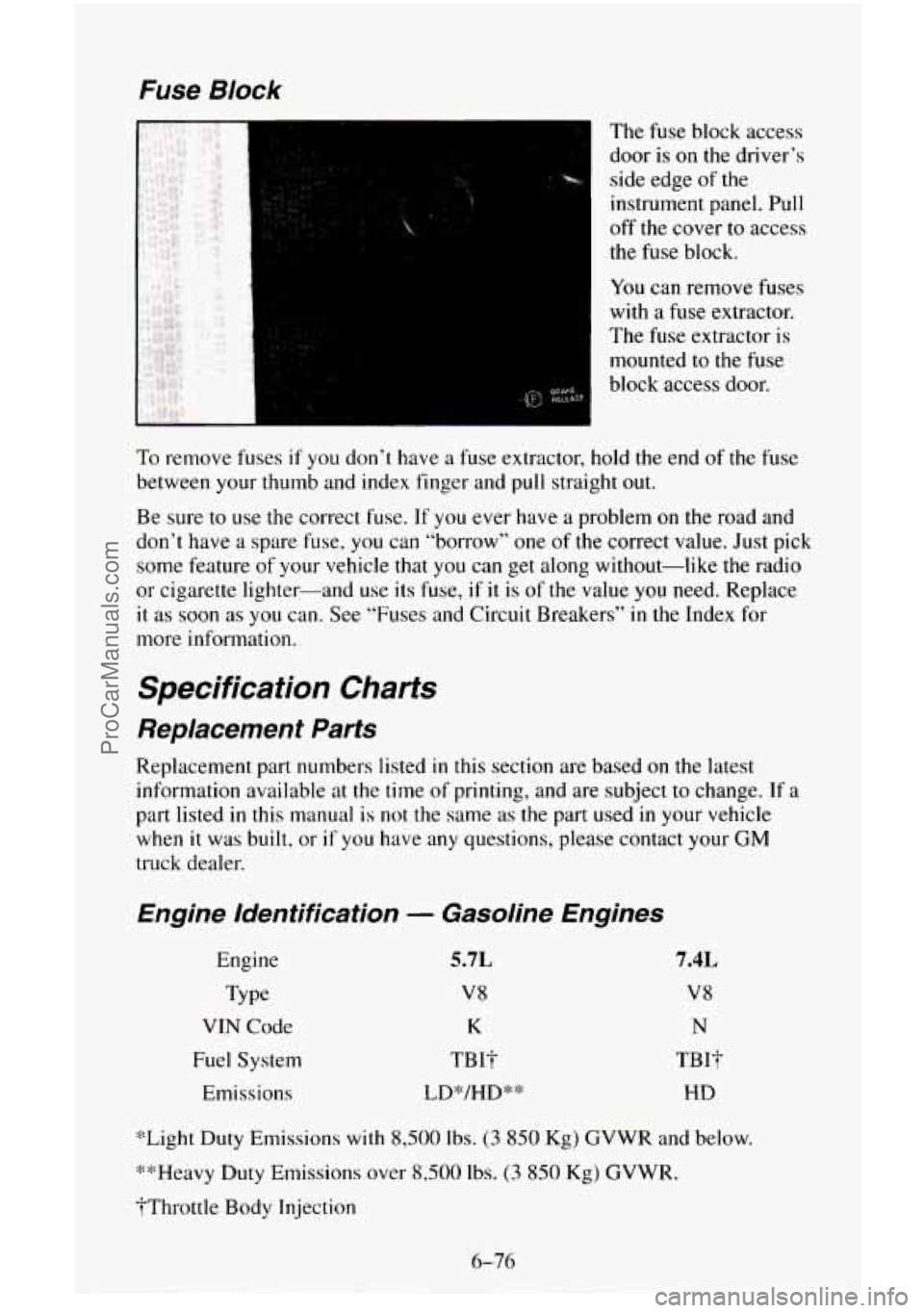 CHEVROLET SUBURBAN 1995  Owners Manual Fuse Block 
The fuse block access 
door is on the driver’s 
side  edge 
of the 
instrument panel. Pull 
off the  cover to access 
the  fuse  block. 
You can remove fuses 
with a fuse extractor. 
The