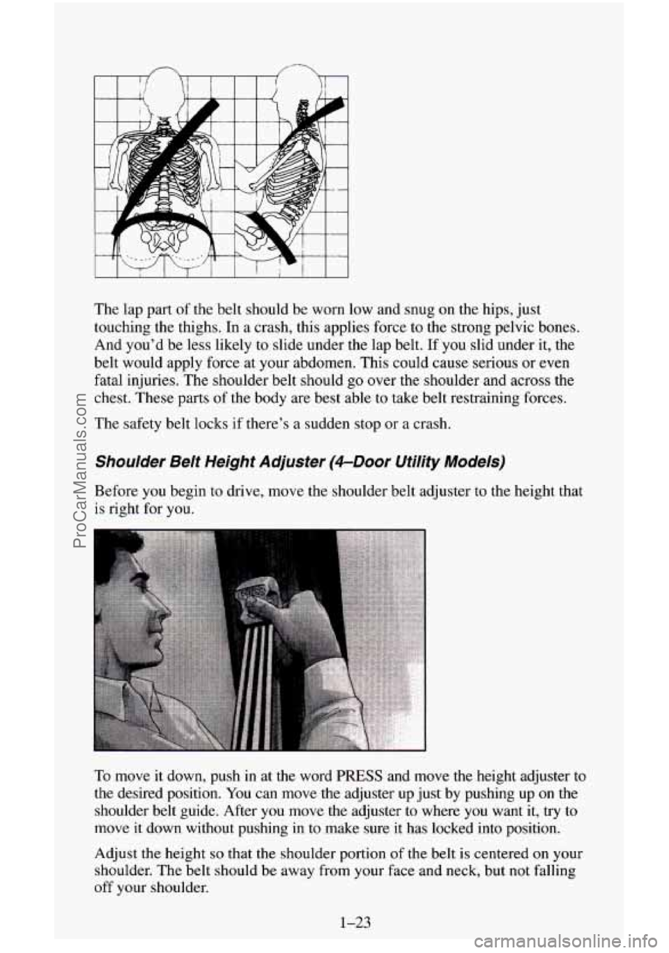 CHEVROLET SUBURBAN 1995  Owners Manual The  lap  part of the belt  should  be  worn low and snug on the  hips,  just 
touching  the  thighs. In a crash,  this  applies  force  to  the  strong  pelvic  bones. 
And you’d  be  less likely t