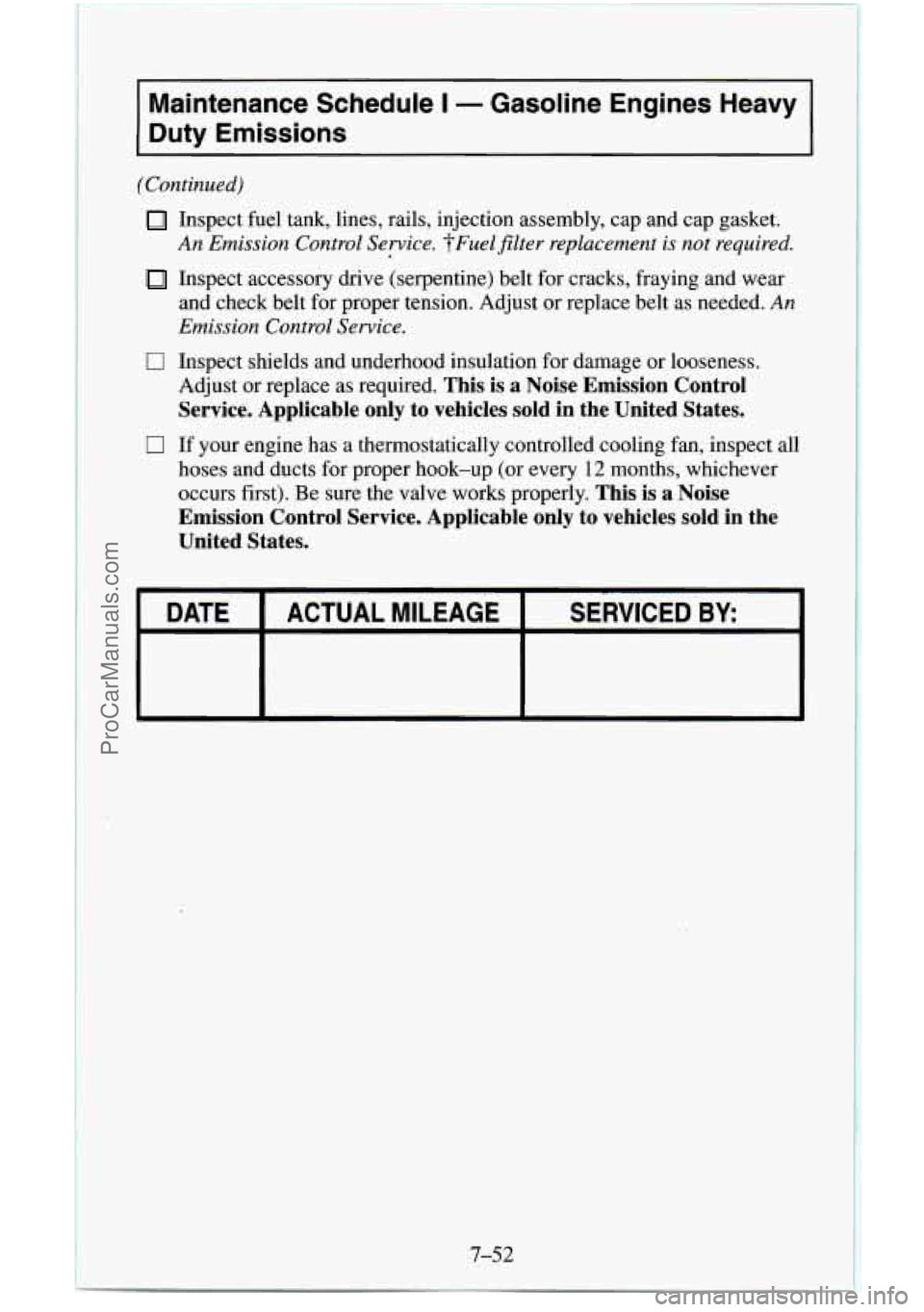 CHEVROLET SUBURBAN 1995  Owners Manual Maintenance  Schedule I - Gasoline  Engines  Heavy 
Duty  Emissions 
(Continued) 
0 
0 
Inspect  fuel  tank, lines,  rails, injection assembly,  cap and  cap  gasket. 
An Emission  Control Service.  ?