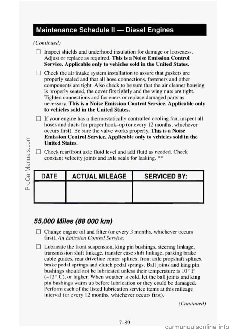 CHEVROLET SUBURBAN 1995  Owners Manual 1 Maintenance  Schedule II - Diesel  Engines I 
(Continued) 
0 Inspect shields and underhood  insulation  for damage  or  looseness. 
Adjust  or  replace 
as required. This is a  Noise  Emission  Cont