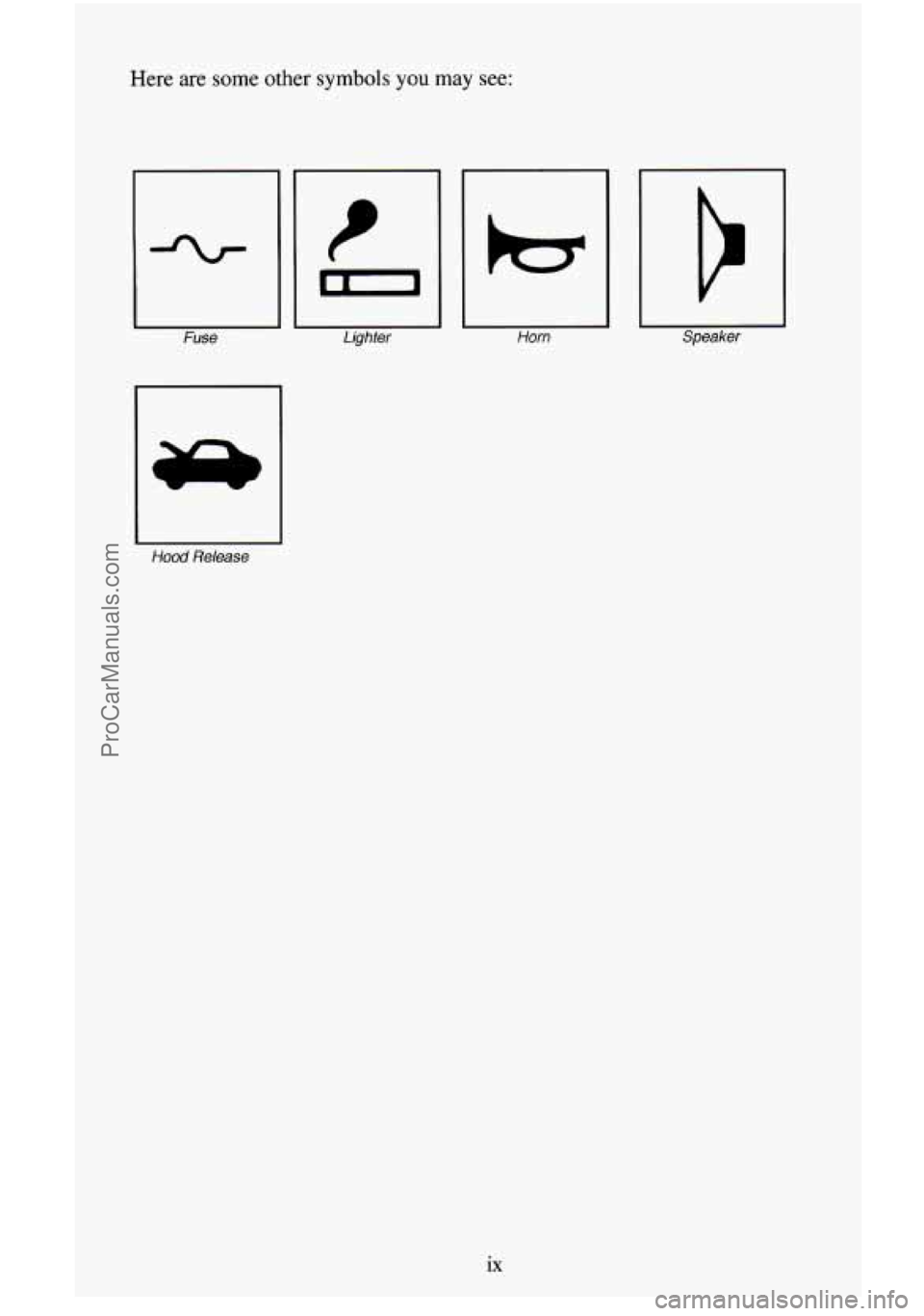 CHEVROLET SUBURBAN 1996  Owners Manual Here  are some other symbols you  may see: 
H Fuse 
El Hood Release  Lighter 
Horn Er Speaker 
ix 
ProCarManuals.com 