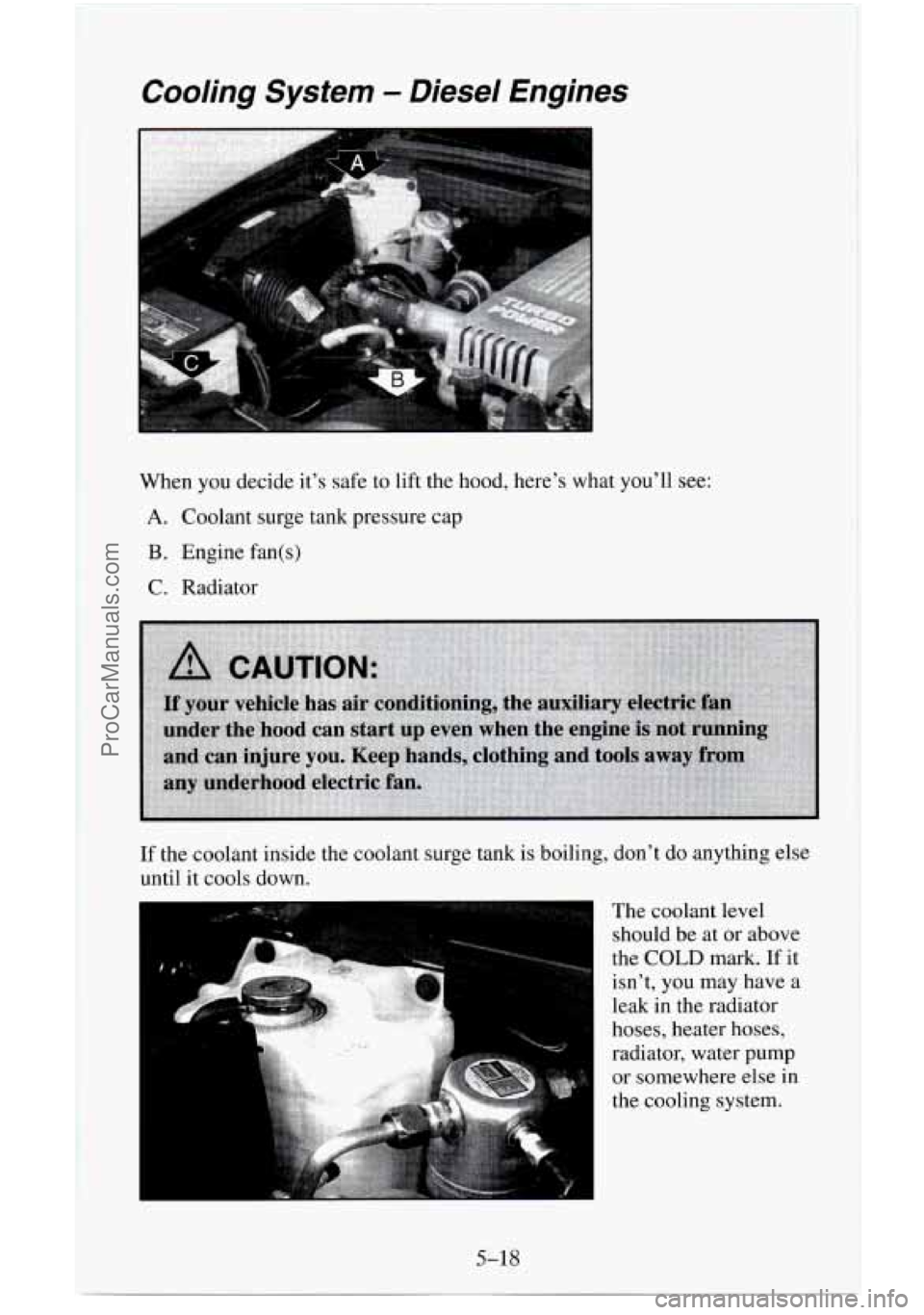 CHEVROLET SUBURBAN 1996  Owners Manual Cooling System - Diesel Engines 
When you decide it’s safe  to lift the hood, here’s what you’ll  see: 
A. Coolant surge tank pressure cap 
B. Engine fan(s) 
C. Radiator 
If the coolant inside t