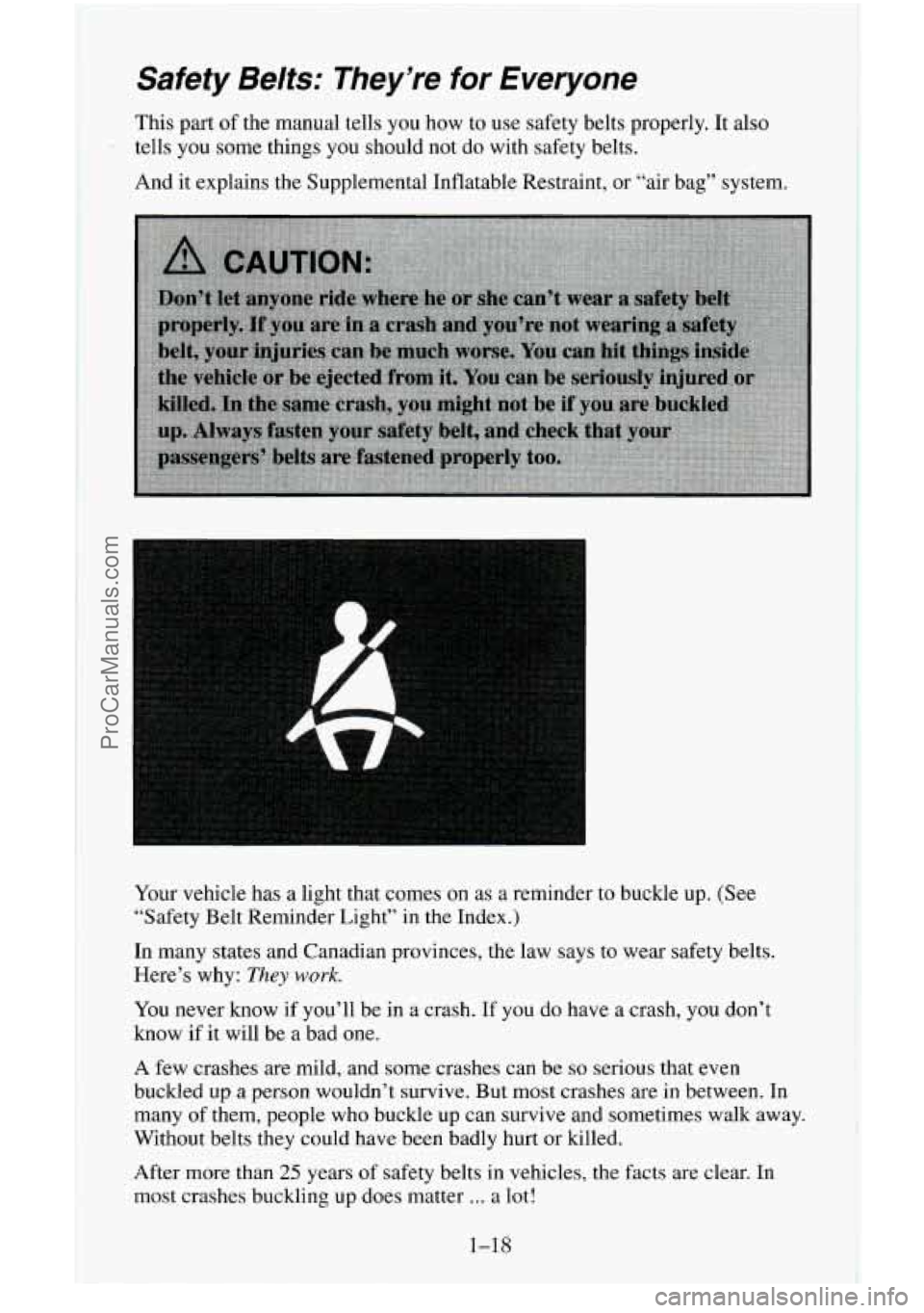 CHEVROLET SUBURBAN 1996  Owners Manual Safety  Belts:  They’re  for  Everyone 
This  part of the manual tells  you  how to use  safety belts properly. It  also 
tells  you some things you should not  do with  safety belts. 
And  it  expl