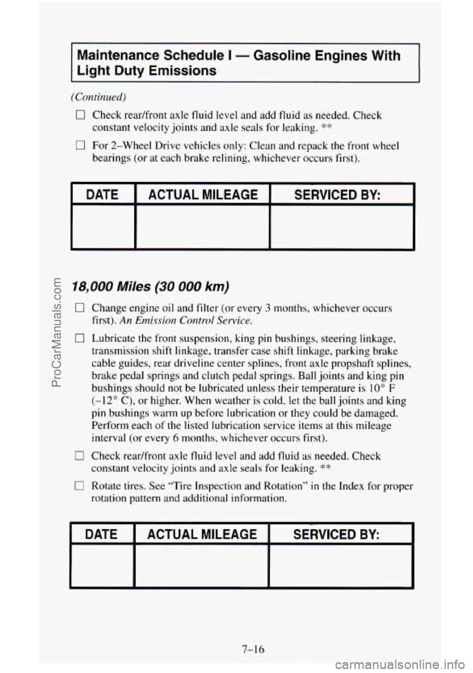 CHEVROLET SUBURBAN 1996 Owners Manual Maintenance Schedule I - Gasoline Engines With
Light Duty Emissions
(Continued)
0 Check readfront axle fluid level and add fluid as needed. Check
constant velocity joints and axle seals CHEVROLET SUBURBAN 1996 Owners Manual Maintenance Schedule I - Gasoline Engines With
Light Duty Emissions
(Continued)
0 Check readfront axle fluid level and add fluid as needed. Check
constant velocity joints and axle seals