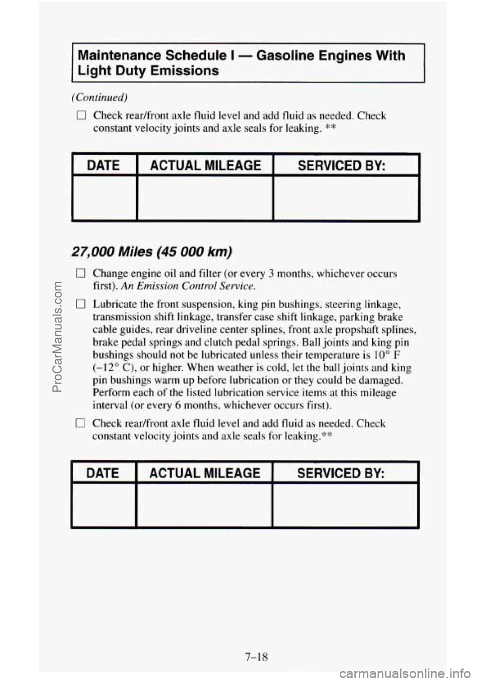CHEVROLET SUBURBAN 1996 Owners Manual Maintenance Schedule I - Gasoline Engines With
Light Duty
Emissions
(Continued)
0 Check readfront axle fluid level and add fluid as needed. Check
constant velocity joints and axle seals CHEVROLET SUBURBAN 1996 Owners Manual Maintenance Schedule I - Gasoline Engines With
Light Duty
Emissions
(Continued)
0 Check readfront axle fluid level and add fluid as needed. Check
constant velocity joints and axle seals