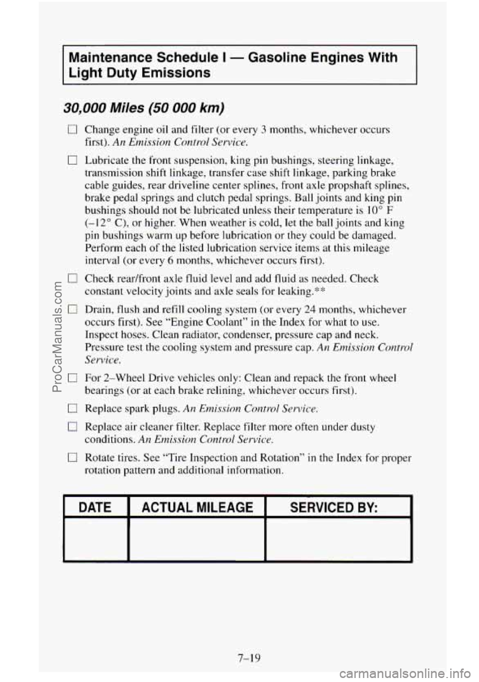 CHEVROLET SUBURBAN 1996 Owners Manual Maintenance Schedule I - Gasoline Engines With
Light Duty Emissions
30,000 Miles (50 000 km)
0
0
0
0
0
0
0
0
Change engine oil and filter (or every 3 months, whichever occurs
first). CHEVROLET SUBURBAN 1996 Owners Manual Maintenance Schedule I - Gasoline Engines With
Light Duty Emissions
30,000 Miles (50 000 km)
0
0
0
0
0
0
0
0
Change engine oil and filter (or every 3 months, whichever occurs
first).