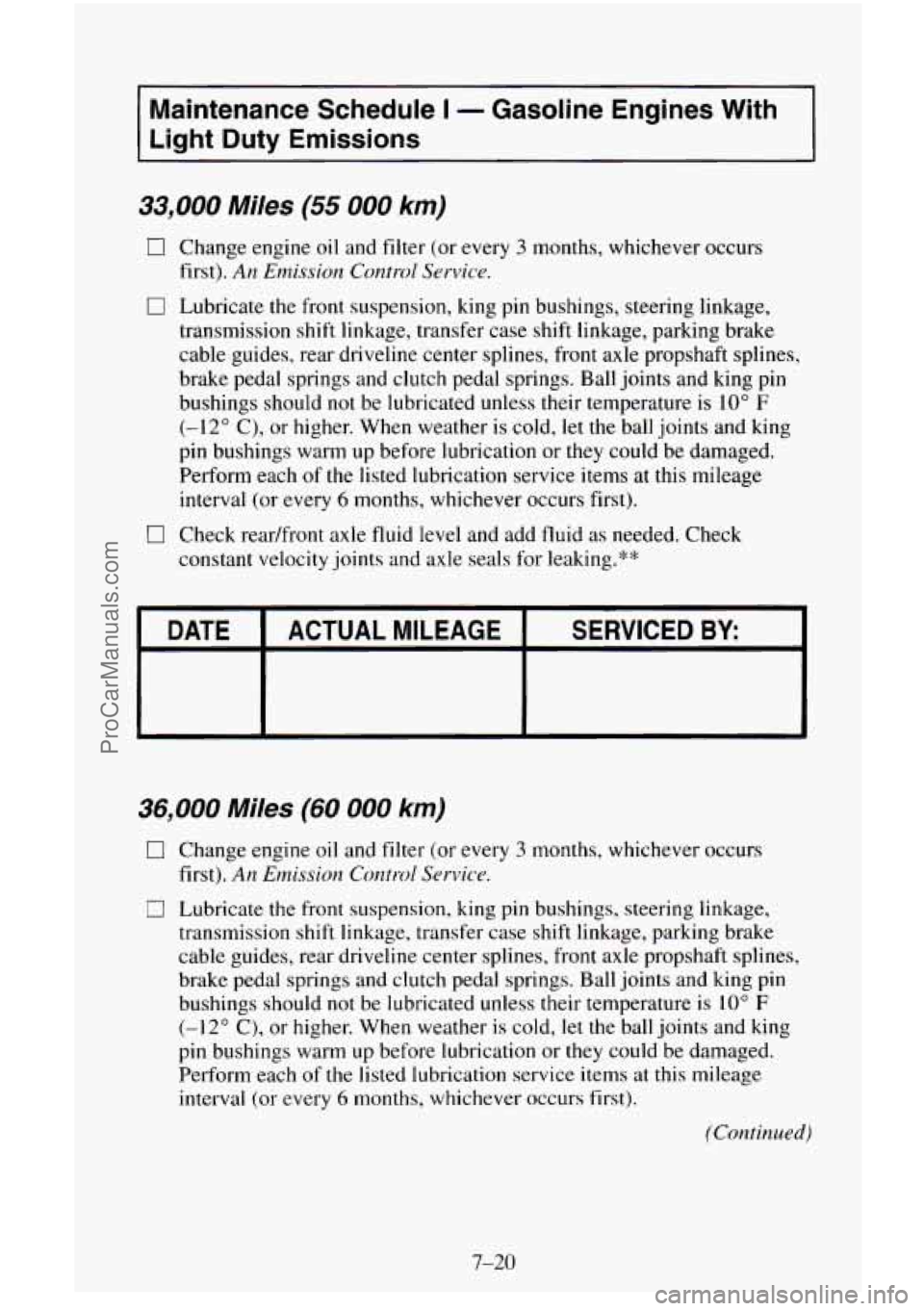 CHEVROLET SUBURBAN 1996 Owners Manual Maintenance Schedule I - Gasoline Engines With
Light Duty Emissions
33,000 Miles (55 000 km)
0 Change engine oil and filter (or every 3 months, whichever occurs
first).
An Emission Co CHEVROLET SUBURBAN 1996 Owners Manual Maintenance Schedule I - Gasoline Engines With
Light Duty Emissions
33,000 Miles (55 000 km)
0 Change engine oil and filter (or every 3 months, whichever occurs
first).
An Emission Co