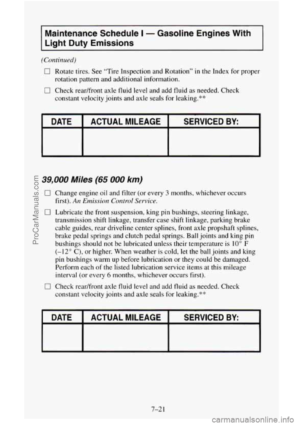 CHEVROLET SUBURBAN 1996 Owners Manual Maintenance Schedule I - Gasoline Engines With
Light Duty Emissions
(Continued)
0 Rotate tires. See "Tire Inspection and Rotation in the Index for proper
0 Check readfront axle fluid l CHEVROLET SUBURBAN 1996 Owners Manual Maintenance Schedule I - Gasoline Engines With
Light Duty Emissions
(Continued)
0 Rotate tires. See "Tire Inspection and Rotation in the Index for proper
0 Check readfront axle fluid l