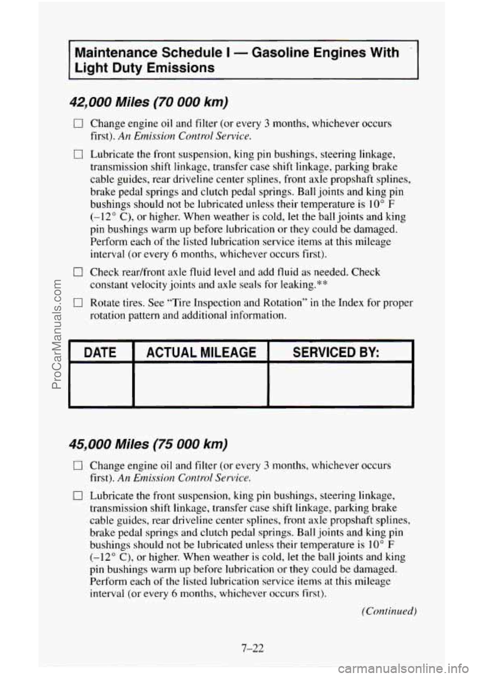 CHEVROLET SUBURBAN 1996 Owners Manual Maintenance Schedule I - Gasoline Engines With
Light Duty Emissions
42,000 Miles (70 000 km)
0 Change engine oil and filter (or every 3 months, whichever occurs
0 Lubricate the front suspe CHEVROLET SUBURBAN 1996 Owners Manual Maintenance Schedule I - Gasoline Engines With
Light Duty Emissions
42,000 Miles (70 000 km)
0 Change engine oil and filter (or every 3 months, whichever occurs
0 Lubricate the front suspe