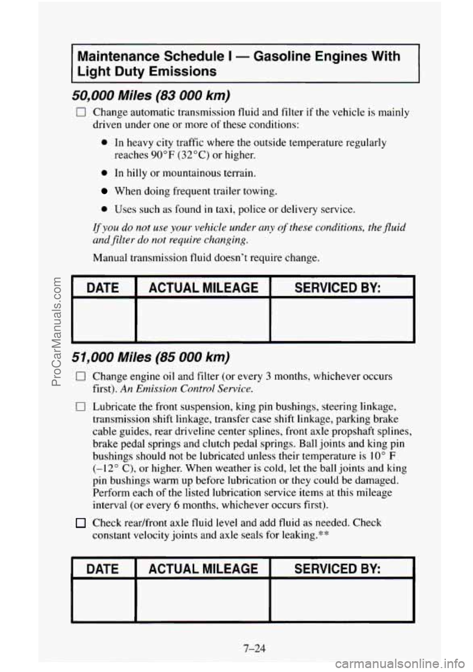 CHEVROLET SUBURBAN 1996 Owners Manual Maintenance Schedule I - Gasoline Engines With
Light Duty Emissions
50,000 Miles (83 000 km)
0 Change automatic transmission fluid and filter if the vehicle is mainly
driven under one or m CHEVROLET SUBURBAN 1996 Owners Manual Maintenance Schedule I - Gasoline Engines With
Light Duty Emissions
50,000 Miles (83 000 km)
0 Change automatic transmission fluid and filter if the vehicle is mainly
driven under one or m