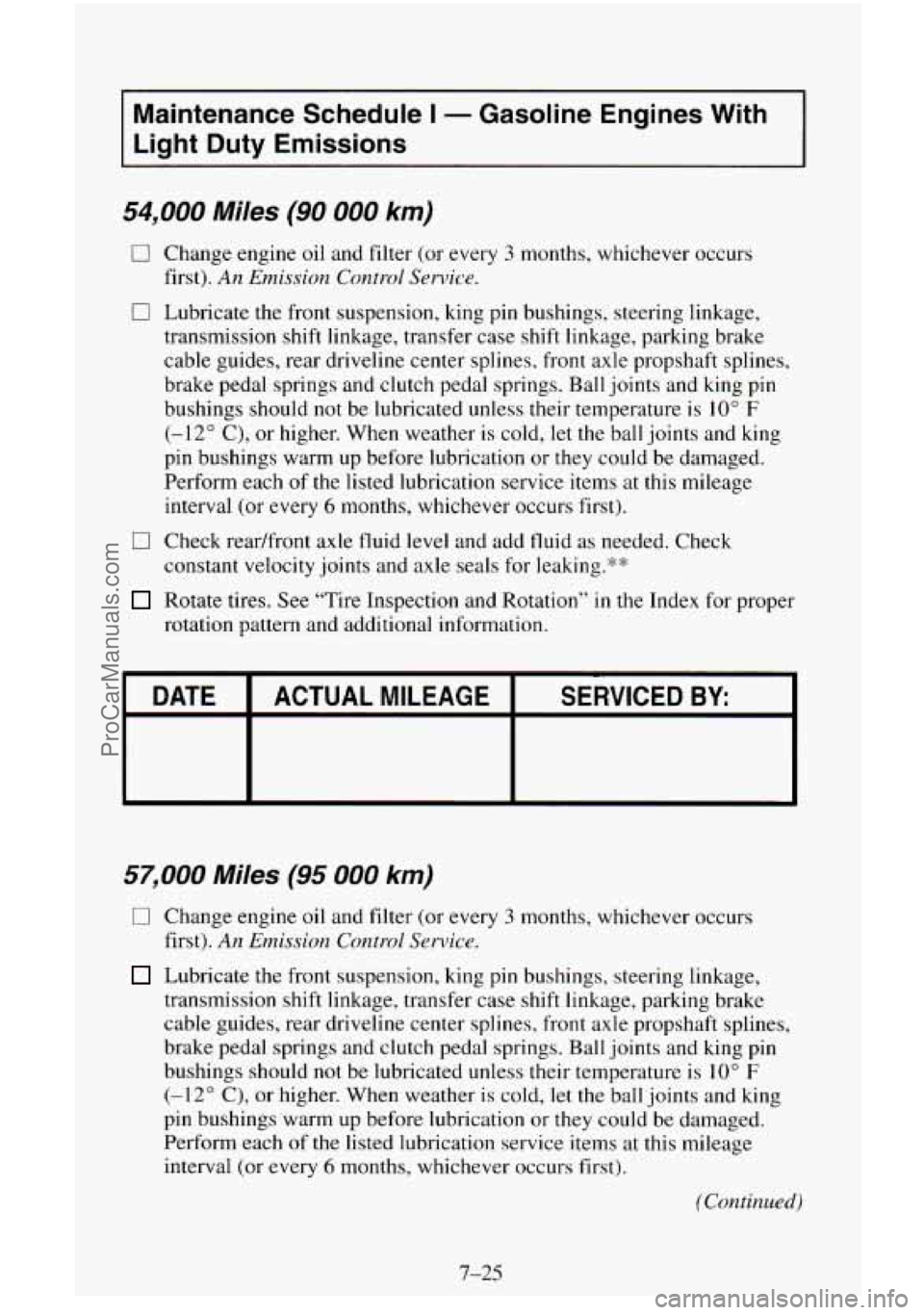 CHEVROLET SUBURBAN 1996 Owners Manual Maintenance Schedule I - Gasoline Engines With
Light Duty Emissions
54,000 Miles (90 000 km)
0 Change engine oil and filter (or every 3 months, whichever occurs
first).
An Emission Con CHEVROLET SUBURBAN 1996 Owners Manual Maintenance Schedule I - Gasoline Engines With
Light Duty Emissions
54,000 Miles (90 000 km)
0 Change engine oil and filter (or every 3 months, whichever occurs
first).
An Emission Con