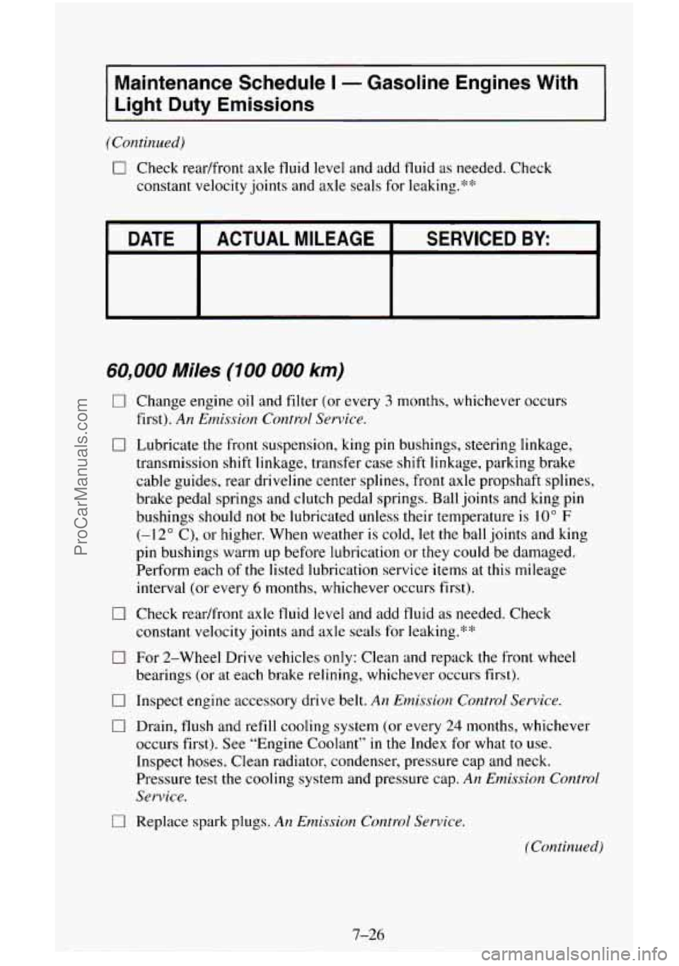CHEVROLET SUBURBAN 1996 Owners Manual Maintenance Schedule I - Gasoline Engines With
Light Duty Emissions
(Continued)
0 Check readfront axle fluid level and add fluid as needed. Check
constant velocity joints and axle seals CHEVROLET SUBURBAN 1996 Owners Manual Maintenance Schedule I - Gasoline Engines With
Light Duty Emissions
(Continued)
0 Check readfront axle fluid level and add fluid as needed. Check
constant velocity joints and axle seals