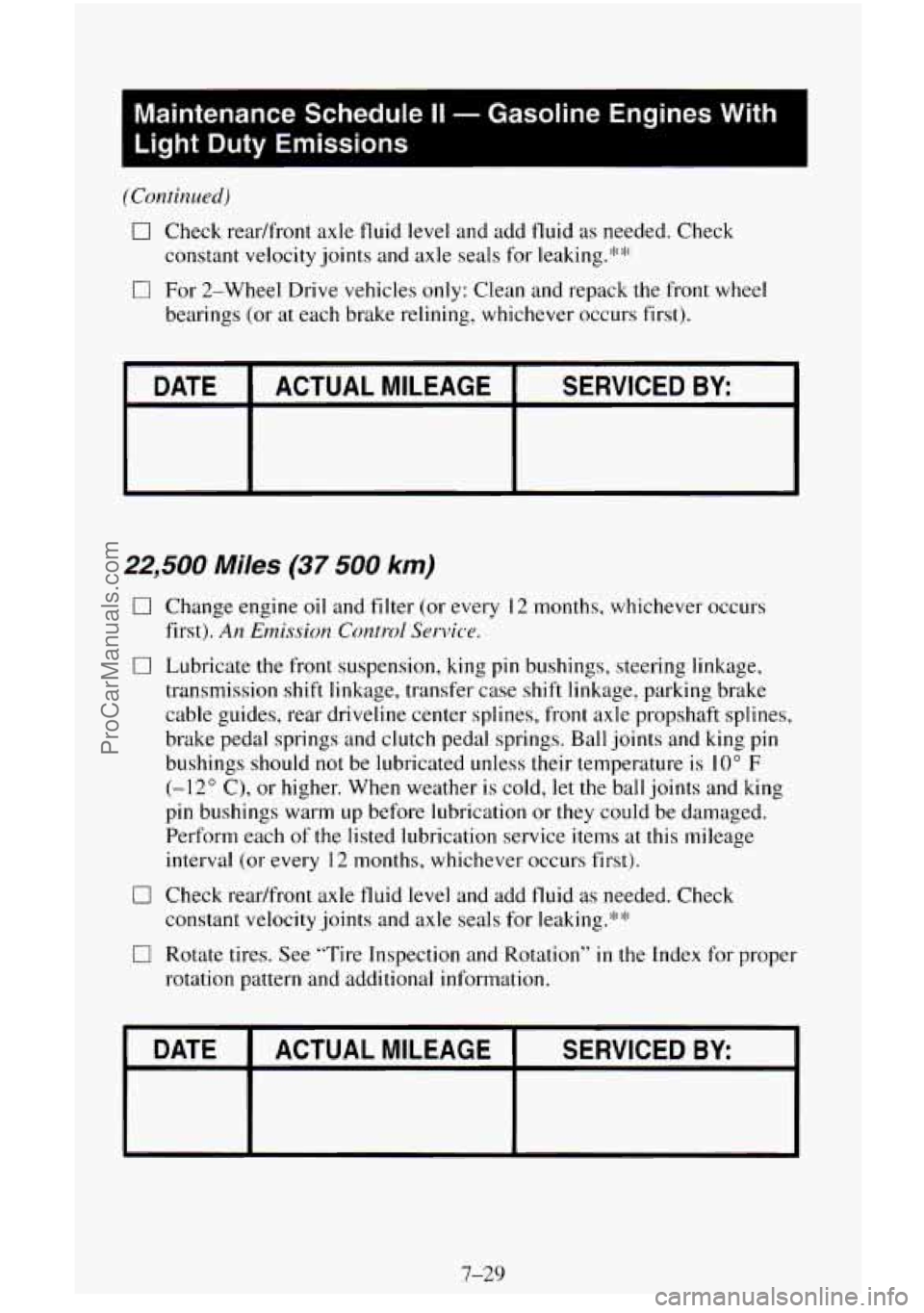 CHEVROLET SUBURBAN 1996 Owners Manual Maintenance Schedule II - Gasoline Engines With
Light
Duty Emissions
(Continued)
0 Check readfront axle fluid level and add fluid as needed. Check
constant velocity joints and axle seals CHEVROLET SUBURBAN 1996 Owners Manual Maintenance Schedule II - Gasoline Engines With
Light
Duty Emissions
(Continued)
0 Check readfront axle fluid level and add fluid as needed. Check
constant velocity joints and axle seals