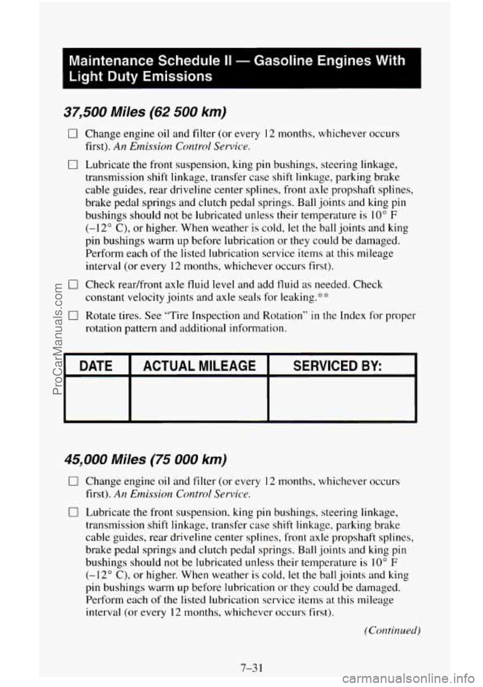 CHEVROLET SUBURBAN 1996 Owners Manual Maintenance Schedule II - Gasoline Engines With
Light
Duty Emissions ~
~~~ ~~
37,500 Miles (62 500 km)
0 Change engine
oil and filter (or every 12 months, whichever occurs
first).
An Emis CHEVROLET SUBURBAN 1996 Owners Manual Maintenance Schedule II - Gasoline Engines With
Light
Duty Emissions ~
~~~ ~~
37,500 Miles (62 500 km)
0 Change engine
oil and filter (or every 12 months, whichever occurs
first).
An Emis