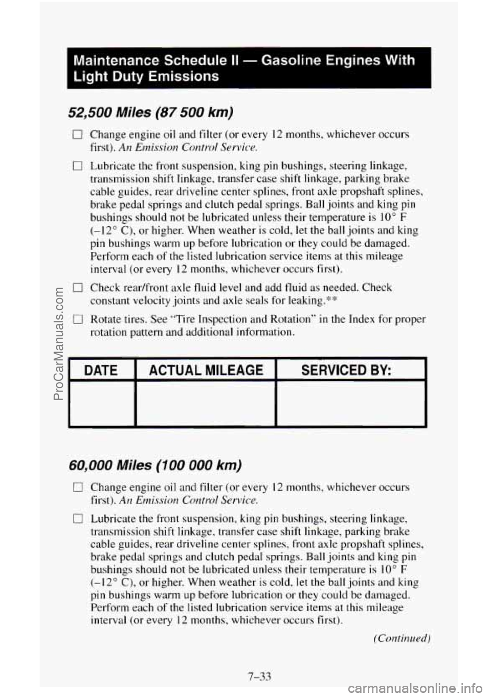CHEVROLET SUBURBAN 1996 Owners Manual I
Maintenance Schedule II - Gasoline Engines With
Light Duty Emissions
I
52,500 Miles (87 500 km)
0 Change engine oil and filter (or every 12 months, whichever occurs
first).
An Emiss CHEVROLET SUBURBAN 1996 Owners Manual I
Maintenance Schedule II - Gasoline Engines With
Light Duty Emissions
I
52,500 Miles (87 500 km)
0 Change engine oil and filter (or every 12 months, whichever occurs
first).
An Emiss