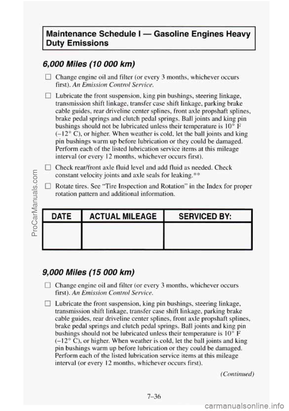 CHEVROLET SUBURBAN 1996 Owners Manual Maintenance Schedule I - Gasoline Engines Heavy
Duty Emissions
6,000 Miles (10 000 km)
0 Change engine oil and filter (or every 3 months, whichever occurs
first).
An Emission Corztrol Se CHEVROLET SUBURBAN 1996 Owners Manual Maintenance Schedule I - Gasoline Engines Heavy
Duty Emissions
6,000 Miles (10 000 km)
0 Change engine oil and filter (or every 3 months, whichever occurs
first).
An Emission Corztrol Se