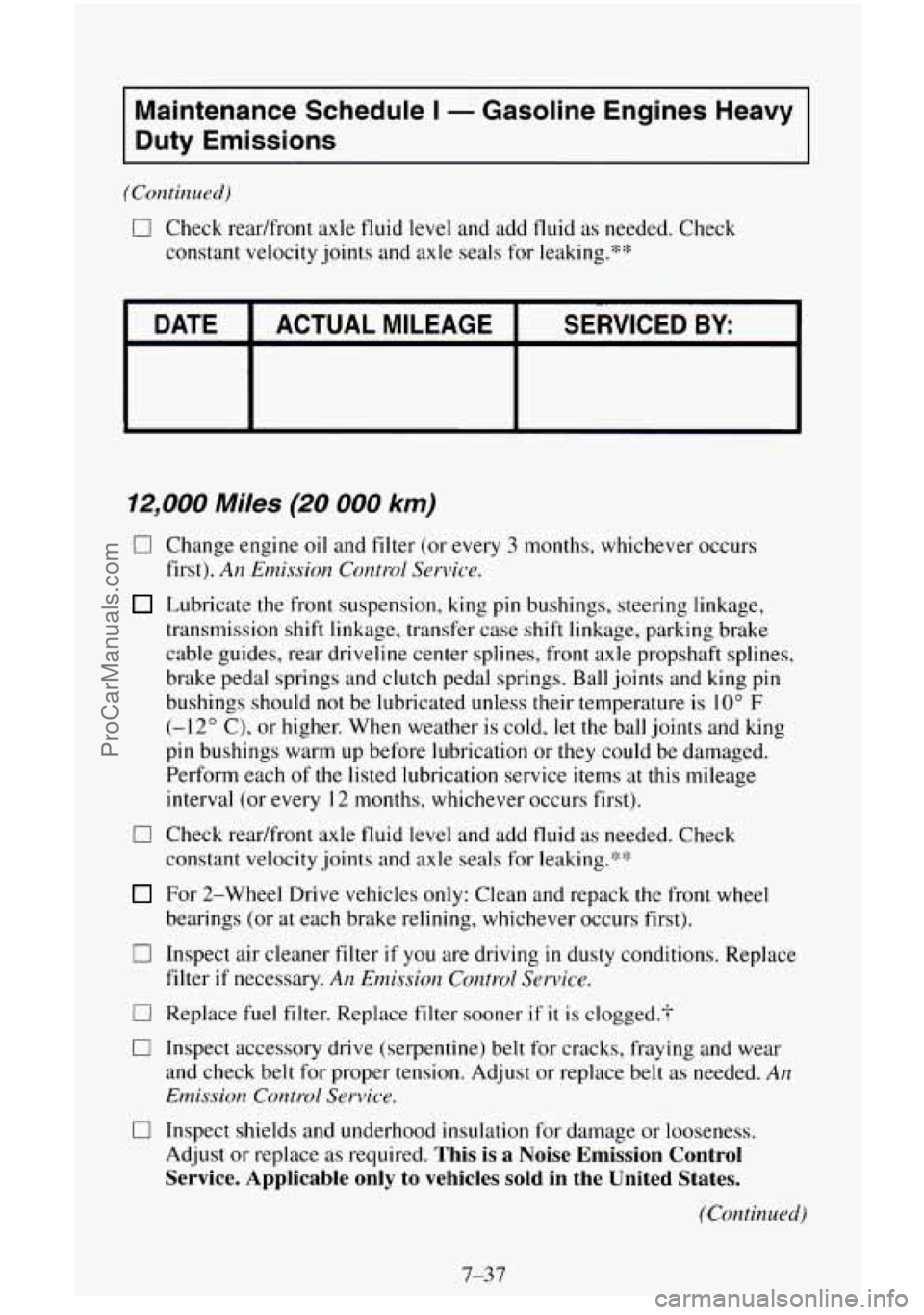 CHEVROLET SUBURBAN 1996 Owners Manual Maintenance Schedule I - Gasoline Engines Heavy
Duty Emissions
(Continued)
0 Check readfront axle fluid level and add fluid as needed. Check
constant velocity joints and axle seals
for le CHEVROLET SUBURBAN 1996 Owners Manual Maintenance Schedule I - Gasoline Engines Heavy
Duty Emissions
(Continued)
0 Check readfront axle fluid level and add fluid as needed. Check
constant velocity joints and axle seals
for le