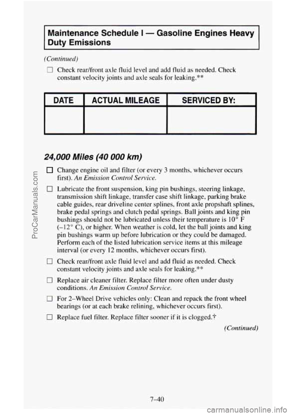 CHEVROLET SUBURBAN 1996 Owners Manual Maintenance Schedule I - Gasoline Engines Heavy
Duty Emissions ~_____~
(Continued)
0 Check readfront axle fluid level and add fluid as needed. Check
constant velocity joints and axle seals fo CHEVROLET SUBURBAN 1996 Owners Manual Maintenance Schedule I - Gasoline Engines Heavy
Duty Emissions ~_____~
(Continued)
0 Check readfront axle fluid level and add fluid as needed. Check
constant velocity joints and axle seals fo