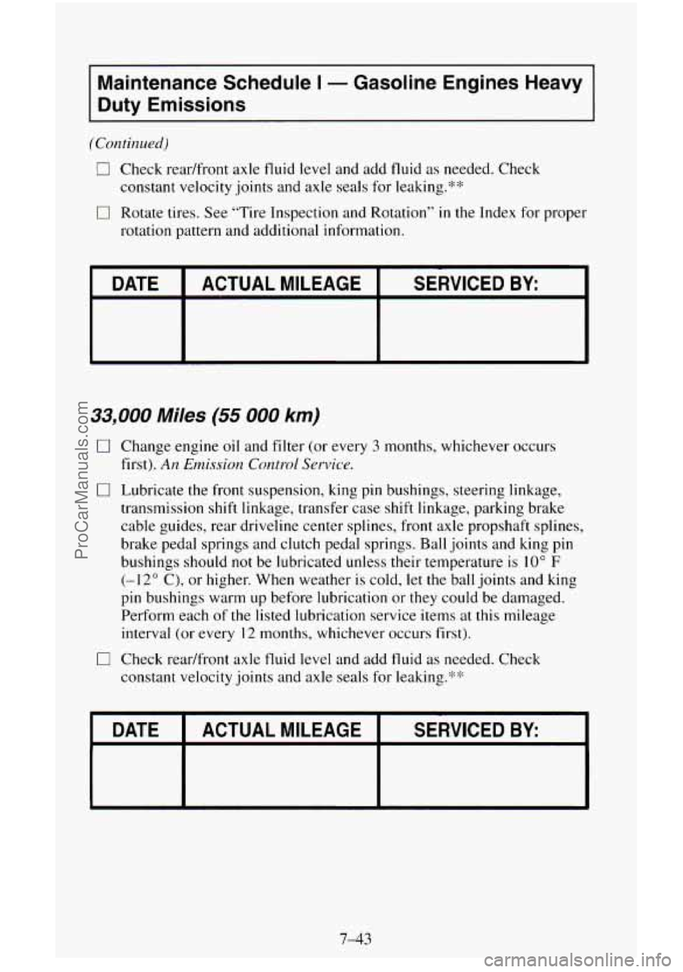 CHEVROLET SUBURBAN 1996 Owners Manual Maintenance Schedule I - Gasoline Engines Heavy
Duty Emissions
(Continued)
0 Check readfront axle fluid level and add fluid as needed. Check
constant velocity joints and axle seals for l CHEVROLET SUBURBAN 1996 Owners Manual Maintenance Schedule I - Gasoline Engines Heavy
Duty Emissions
(Continued)
0 Check readfront axle fluid level and add fluid as needed. Check
constant velocity joints and axle seals for l