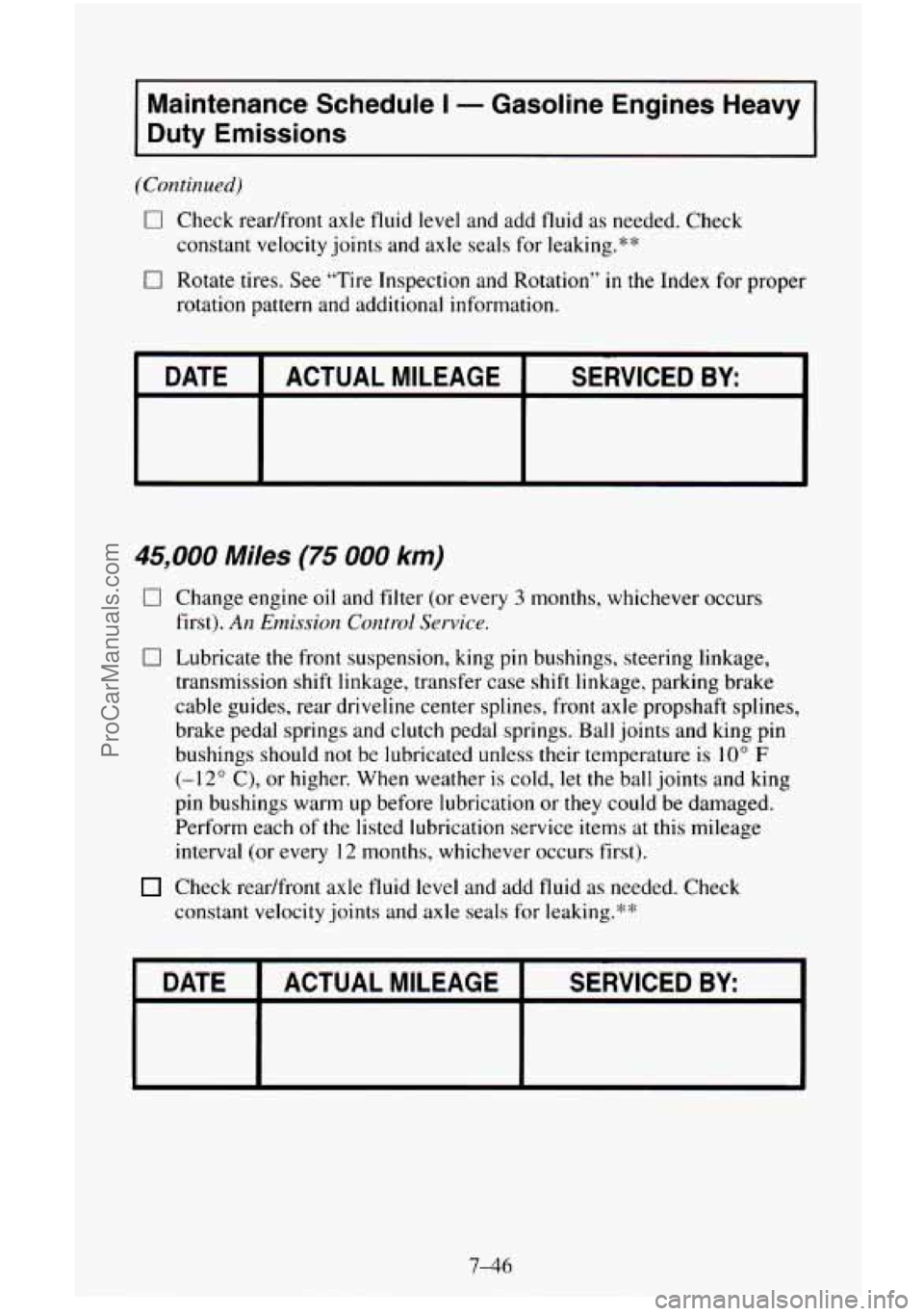 CHEVROLET SUBURBAN 1996 Owners Manual Maintenance Schedule I - Gasoline Engines Heavy
Duty Emissions
(Continued)
0 Check readfront axle fluid level and add fluid as needed. Check
constant velocity joints and axle seals for CHEVROLET SUBURBAN 1996 Owners Manual Maintenance Schedule I - Gasoline Engines Heavy
Duty Emissions
(Continued)
0 Check readfront axle fluid level and add fluid as needed. Check
constant velocity joints and axle seals for